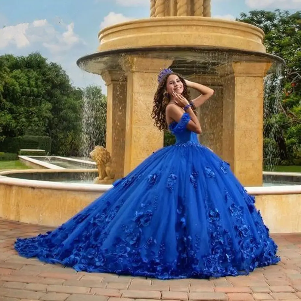 Customized Royal Blue Quinceanera Dress Butterfly 3D Flowers Appliques Beads Off Shoulder Sweet 16 Dress Vestidos XV Años YQD454