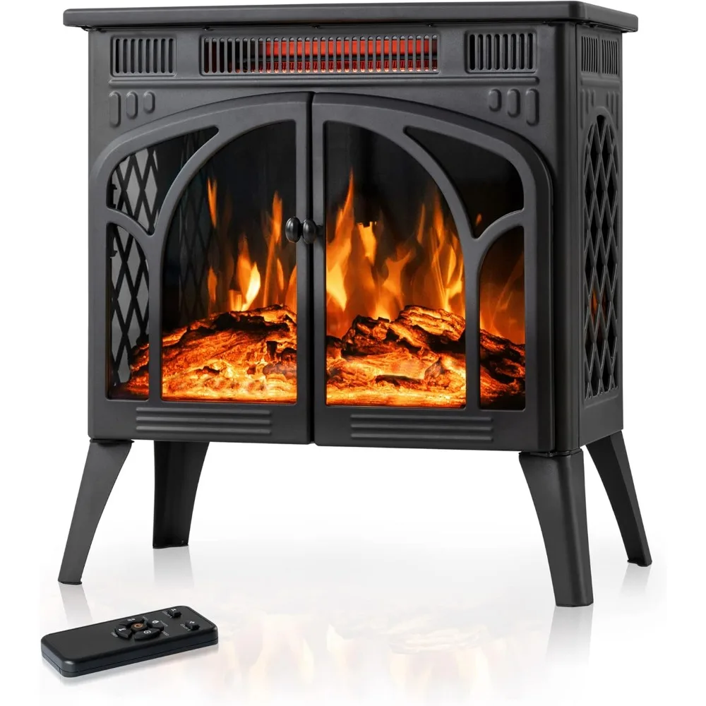 24Inch Electric Fireplace Stove , Free-Standing Infrared Fireplace Stove, Controllable 3D Flame, 4 Variable Flame&Log Colors,