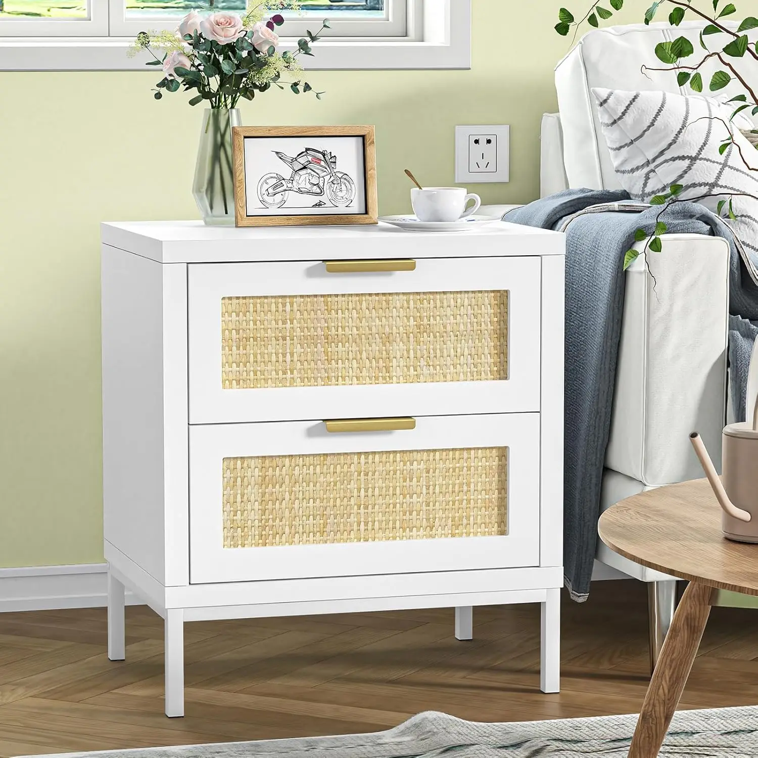 

Farmhouse White nightstands with 2 Drawers, Natural Rattan Night Stand, White End Table with Metal Legs, Bedside Table for Bedro