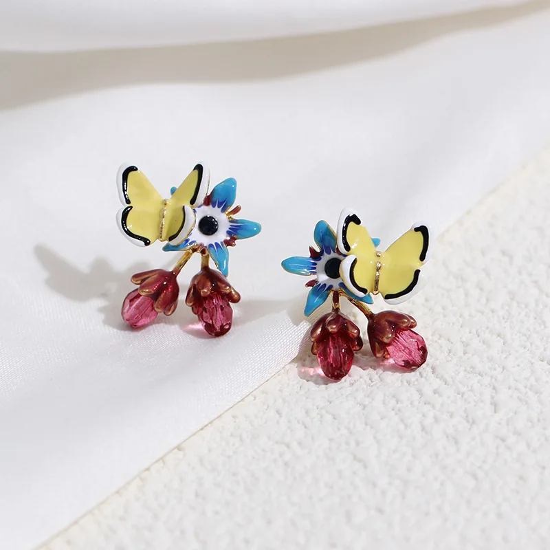 

New French Style Romantic Handmade Enamel Autumn and Winter Blue Flowers Yellow Butterfly Borage Flower Eggplant Stud Earrings