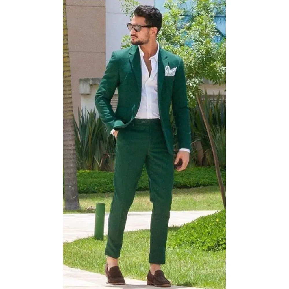 Green Men Suits Single Breasted Notch Lapel Summer Blazer Chic Slim Fit Full Set Elegant Prom Party 2 Piece Jacket Pants Terno