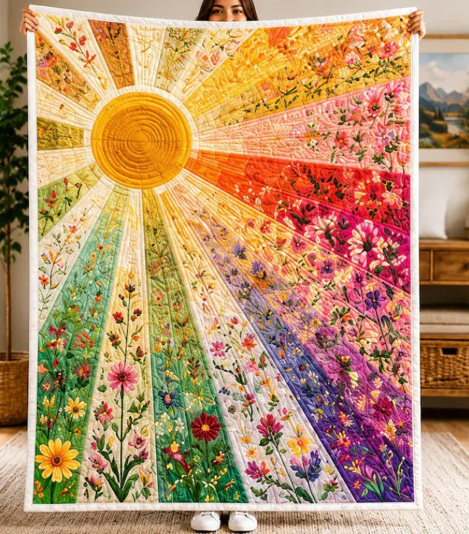 Vibrant Rainbow Sunray Wildflower Quilt Blanket, Bohemian Radiant Floral Patchwork Flannel Throw Blanket, Soft Decor Blanket