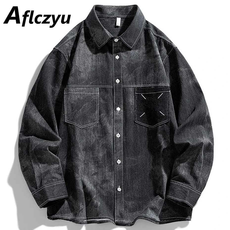 

Vintage Denim Shirts Men Spring Autumn Long Sleeve Shirts Fashion Casual Loose Cargo Shirts Male