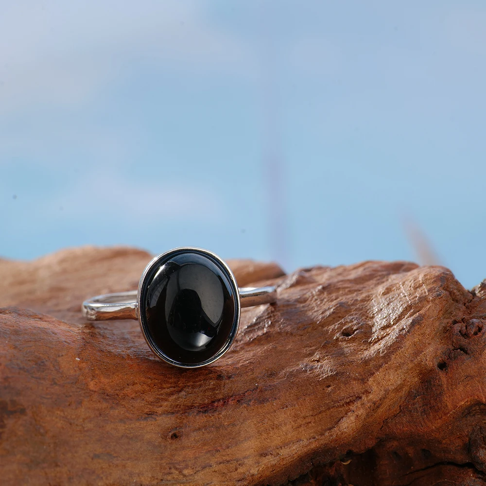 Adjustable 925 Silver Gothic Agate Ring 10*8mm Witch's Shield Dark Energy Armor Black Gemstone Protection Jewelry