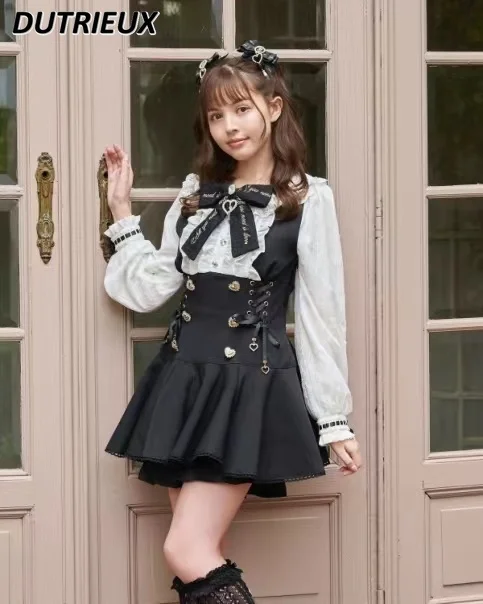 Mine Japanese Style Lolita Slimming Bow Embroidered Dress Doll Collar Long Sleeve Waist Tight Dresses and Base Shorts Suit