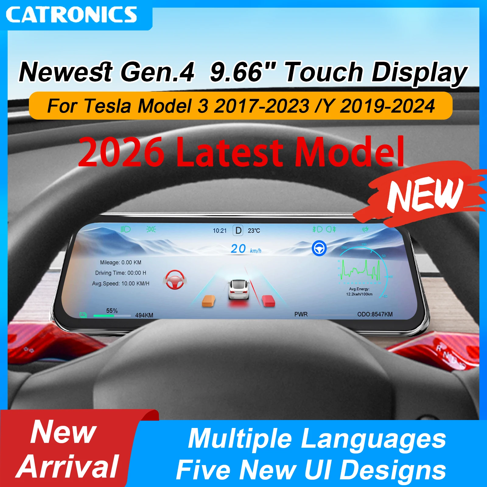 

For Tesla Display 9.6 Inches New HUD For Model 3 2016-2023 & Model Y 2020-2024 Support Multiple Languages Carplay Android Auto