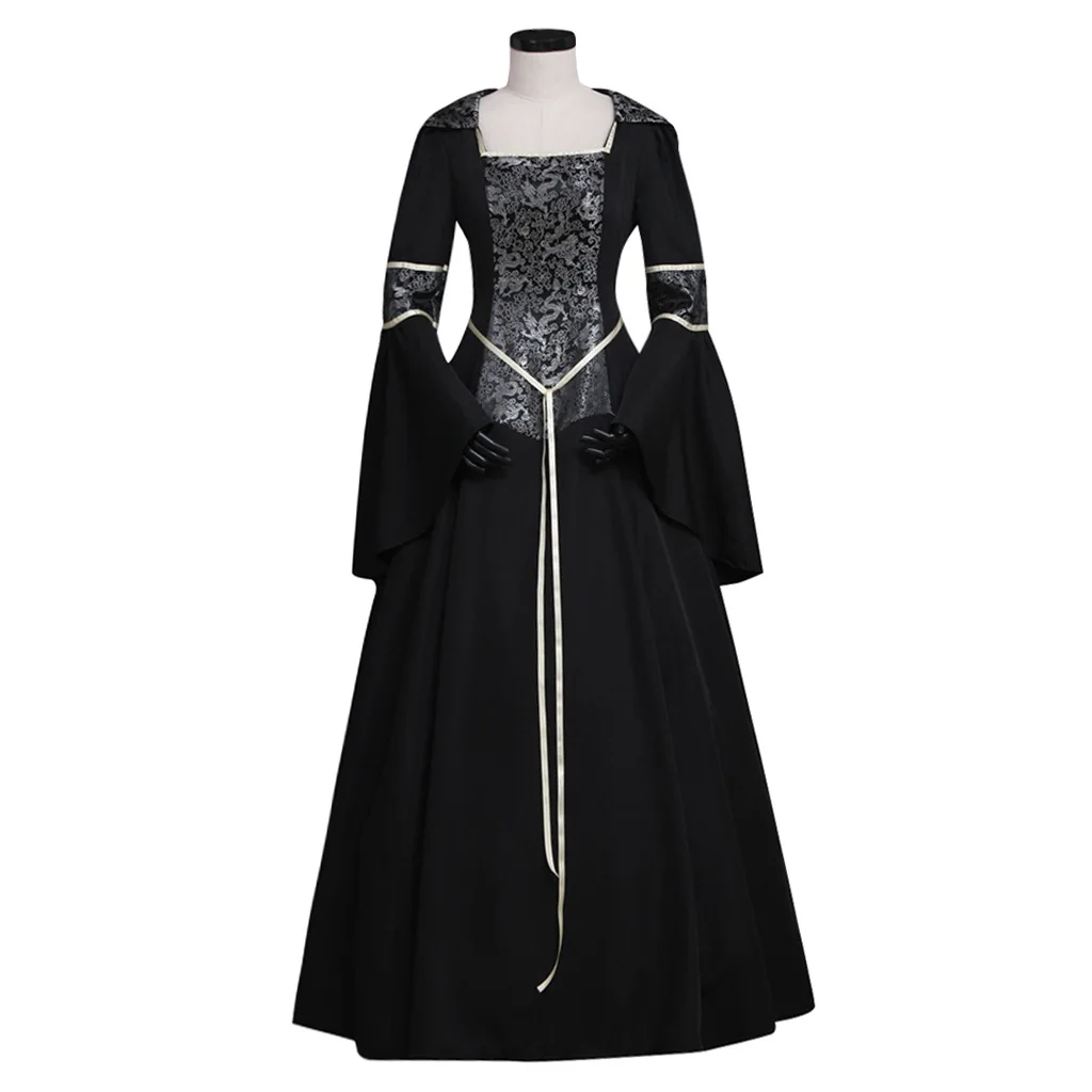 

European and American medieval retro court hooded dress Gothic square collar tie with flared sleeves big skirt