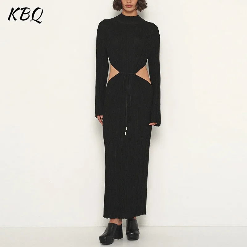 

KBQ Solid Hollow Out Knitting Dresses For Women Turtleneck Long Sleeve High Waist Patchwork Lace Up Slimming Dress Female New
