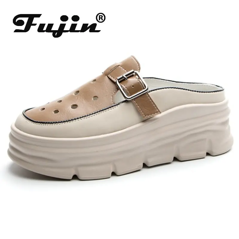 Fujin 6cm Cow Genuine Leather Platform Wedge Hollow Female Women Mules Shoes Casual Chunky Sneaker Women Summer Sandals Slippers