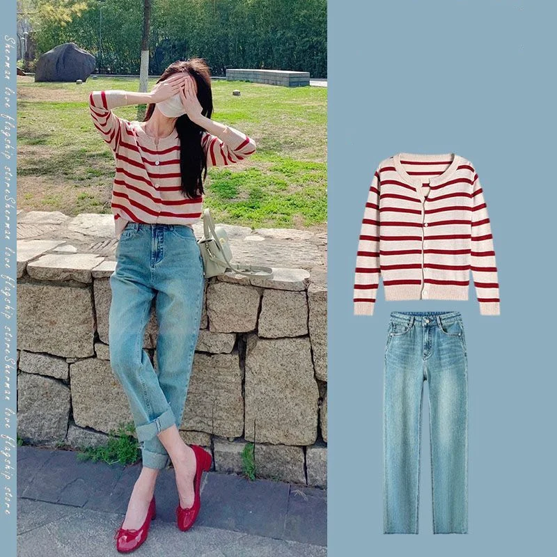 

Spring and Autumn Fashion College Style Suit For Women Striped Knitted Cardigan Jacket High Waisted Casual Jeans 2-Piece Set