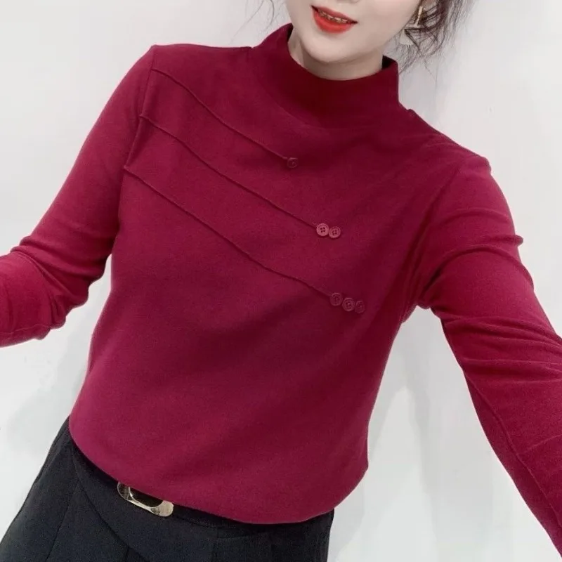 Spring/autumn Women's Pullover Turtleneck Bright Line Decoration Solid Button Long Sleeve T-shirt Office Lady Slim Casual Tops
