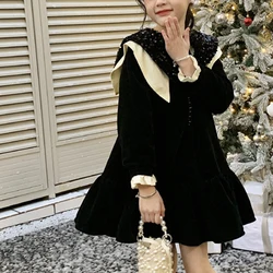 Girls' black socialite style dress with sequined velvet dress, fashionable new style, cute and high-end temperament, party and h