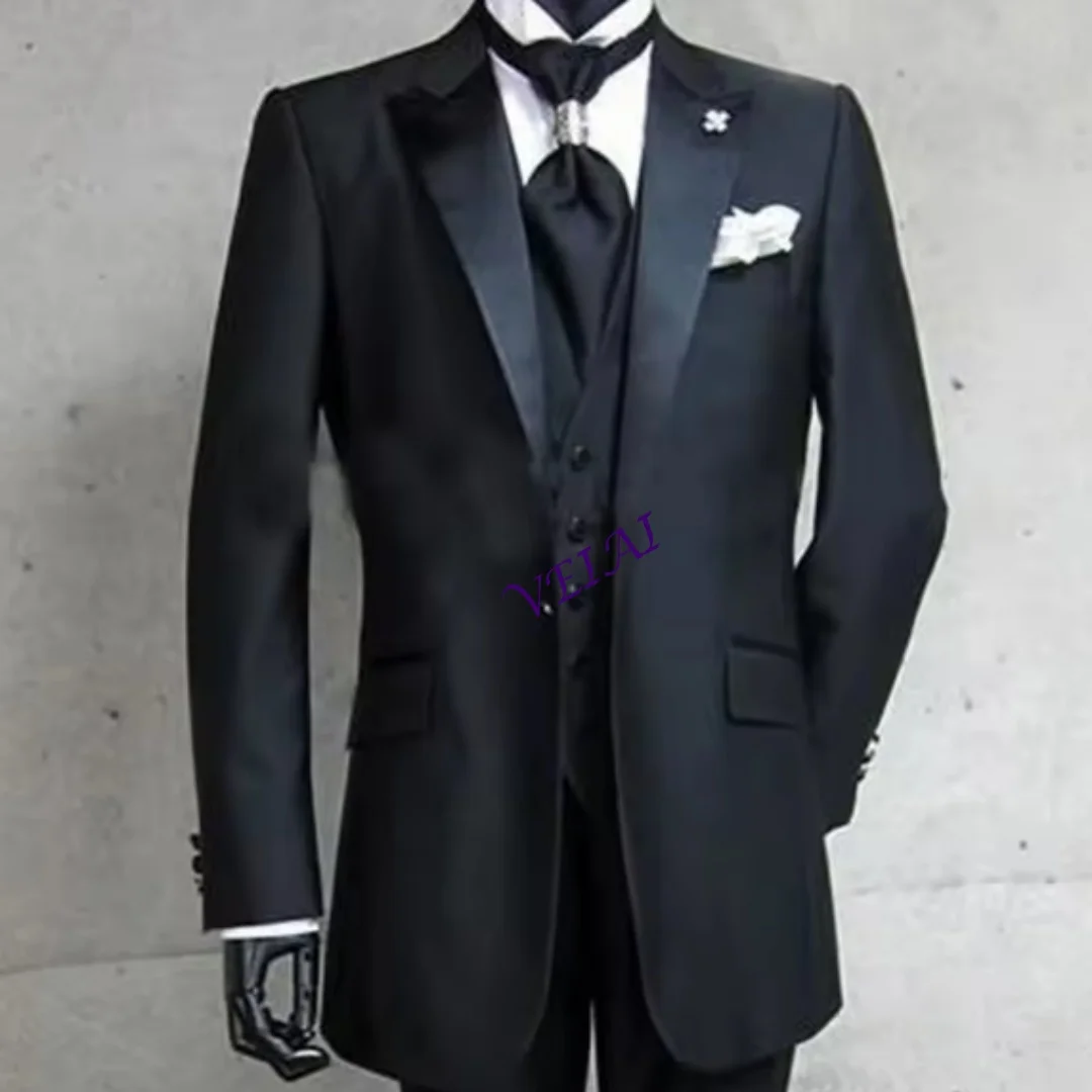 

Черный формальный свадебный смокинг для жениха, новый костюм с остроконечными лацканами на заказ, деловой мужской костюм из трех предметов (куртка + брюки + жилет)