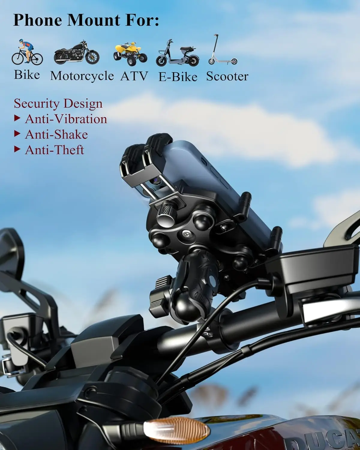 Anti-Theft Motorcycle Phone Mount Holder with Vibration Dampener & High-Speed Secure Lock Size  for  Fit 5.4-7.2'' Smartphone