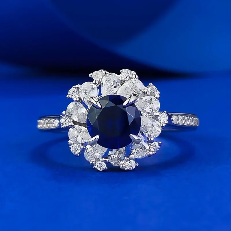 

NEW New S925 Silver Ring with 6.0mm Blue Corundum Full Diamond Ring for Women's Fashion Commuter gift Jewelry