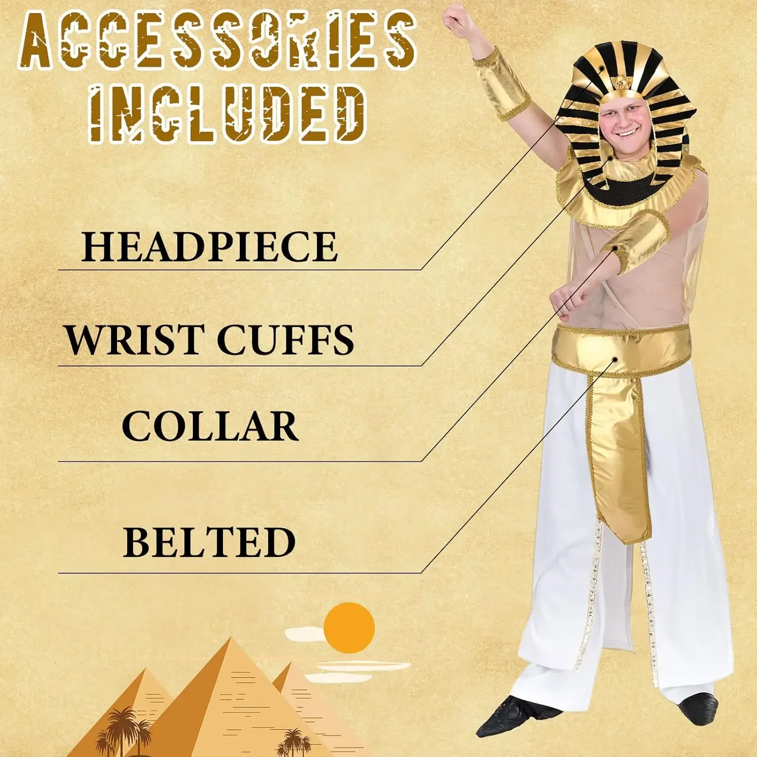 Egyptian Costume Accessory Set Pharaoh Hat Collar Egyptian Belt Cuffs Cobra Head Scepter for Men Halloween King Tut Cosplay