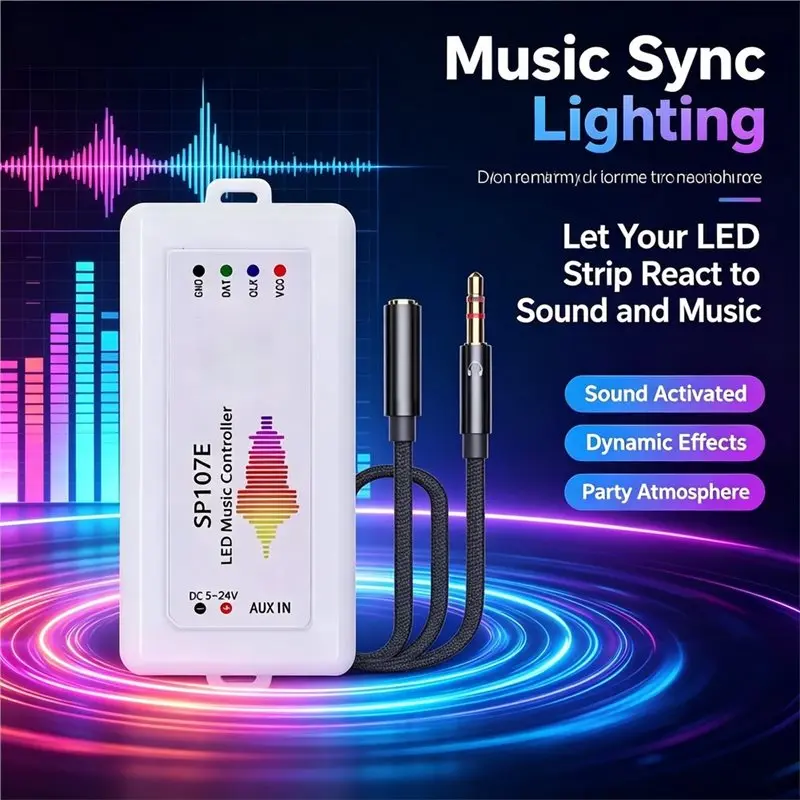 ABGI-SP107E DC5-24V Wireless SPI LED Music Controller, Bluetooth Enabled Full Color Music Control Via Phone App For WS2812B, 1 S