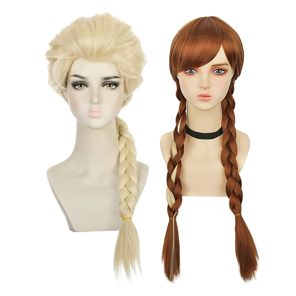Elsa Princess Cosplay Wig Pale Platinum Blonde Braid Anna Blonde Ombre Double Braids For Adult Halloween Party Free Wig Cap