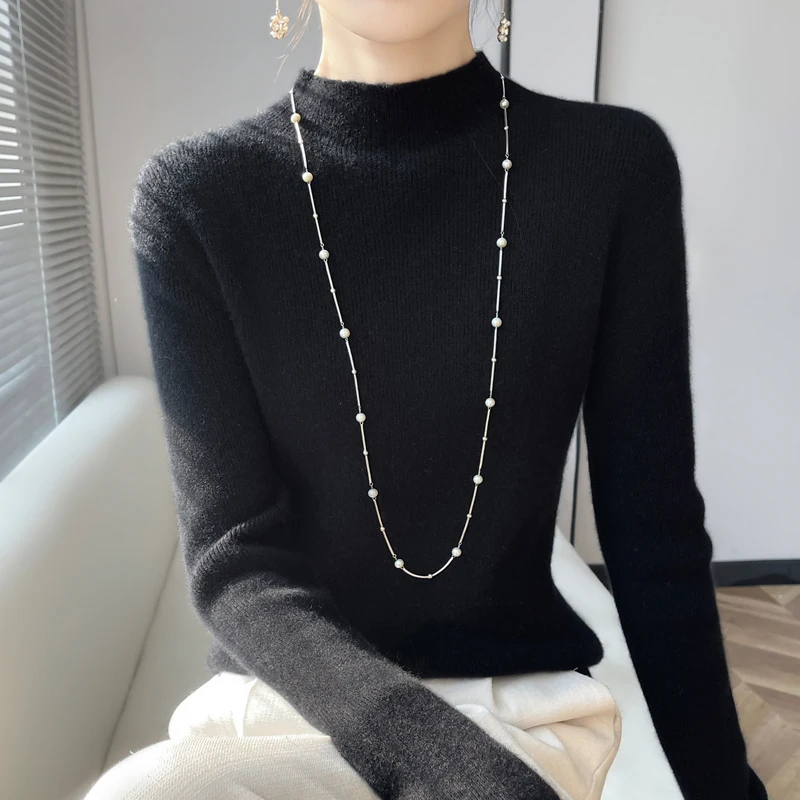 Women's Autumn Winter New Arrival Merino Wool Pullover Mock Neck Sweater Inner Solid Color Wear Figure‑Flattering Knit Top