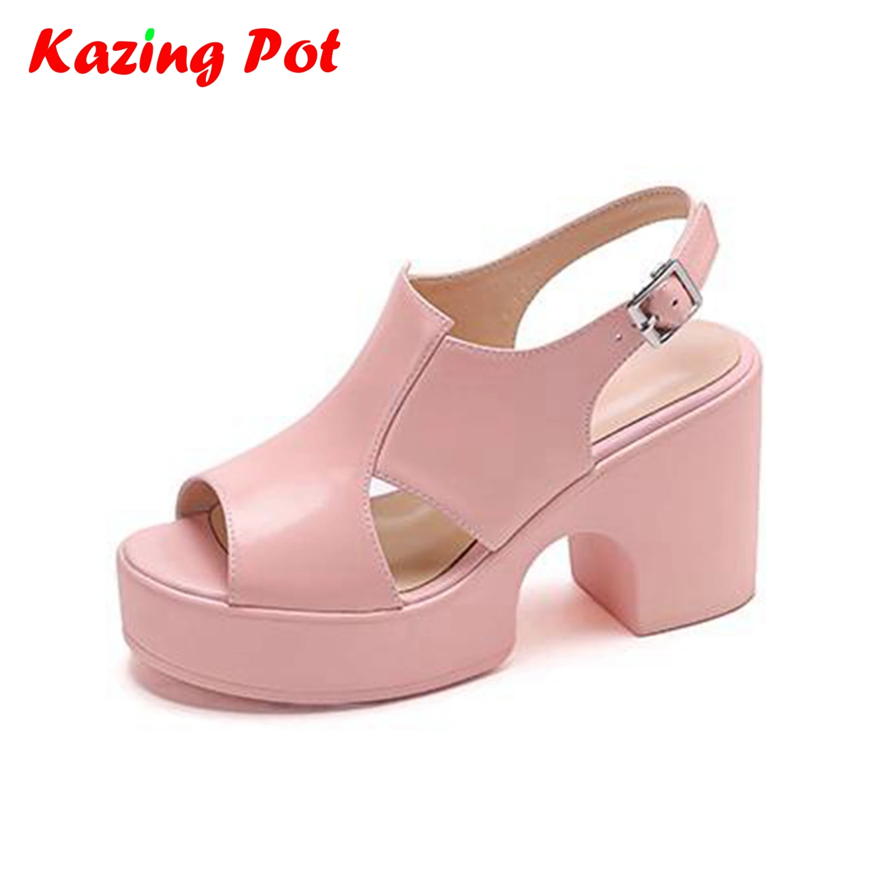 Krazing Pot Full Grain Leather Super High Heels Peep Toe Buckle Straps Summer Luxury Elegant Platform Pink Modern Women Sandals