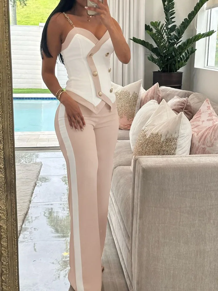 Women,s Fashion Two Piece Set Suit Spring Summer Casual Skinny V-Neck Chain Strap Sexy Tops Straight Leg Pants 2 Piece Set Women