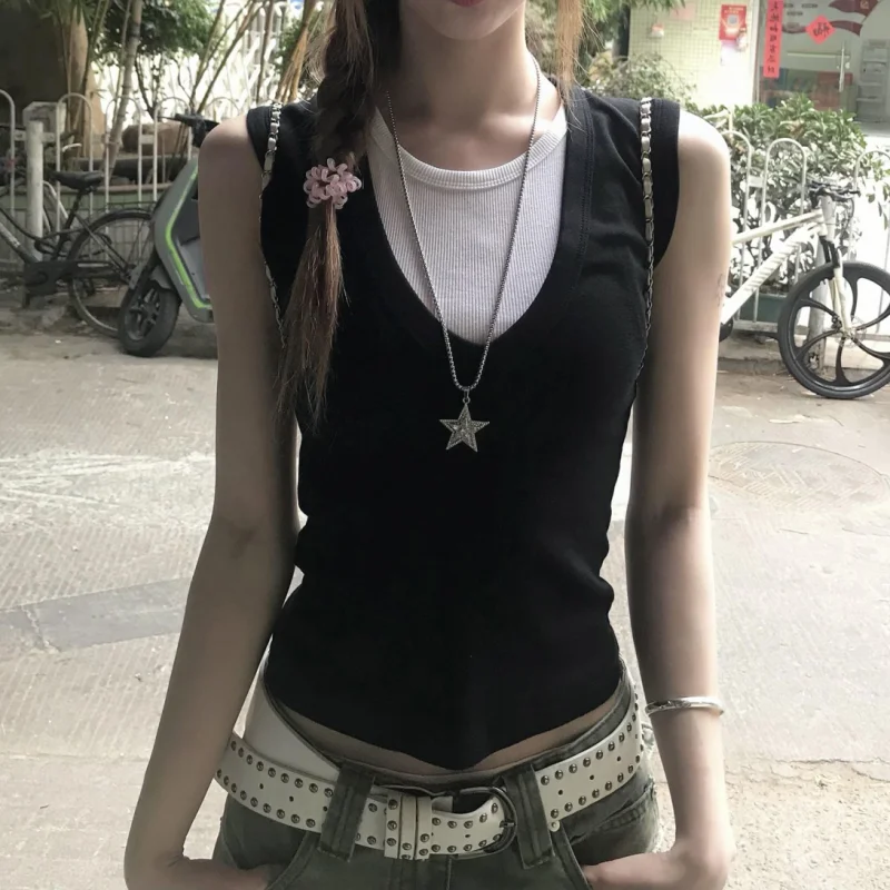 Gefälschtes Zweiteiliges Crop-Top Lässiges Patchwork Ärmelloses Mode-Tanktop 2000er Vintage Y2K Damen-Oberteil Sommer Slim Fit