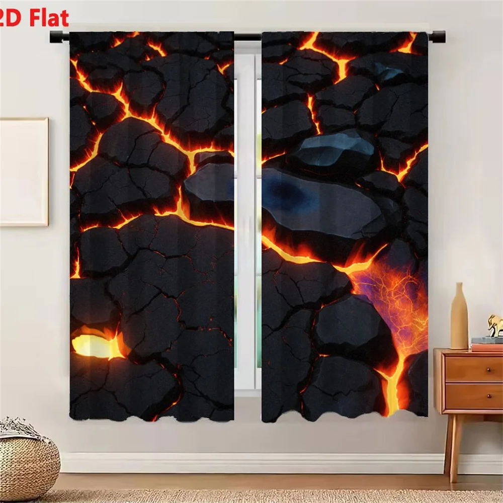 2Pcs Curtains 2D Flat Vivid Dramatic Volcanic Landscape With Cracked Dark Earth And Glowing Lava Seeping Through Fissures Window
