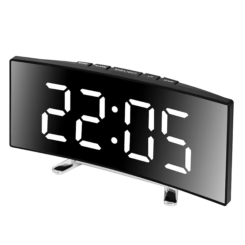  Creative Curved Electronic Clock, LED Large Screen Plug-in Battery Dual-purpose Mirror Alarm Clock, Student Bedroom Dedicated 