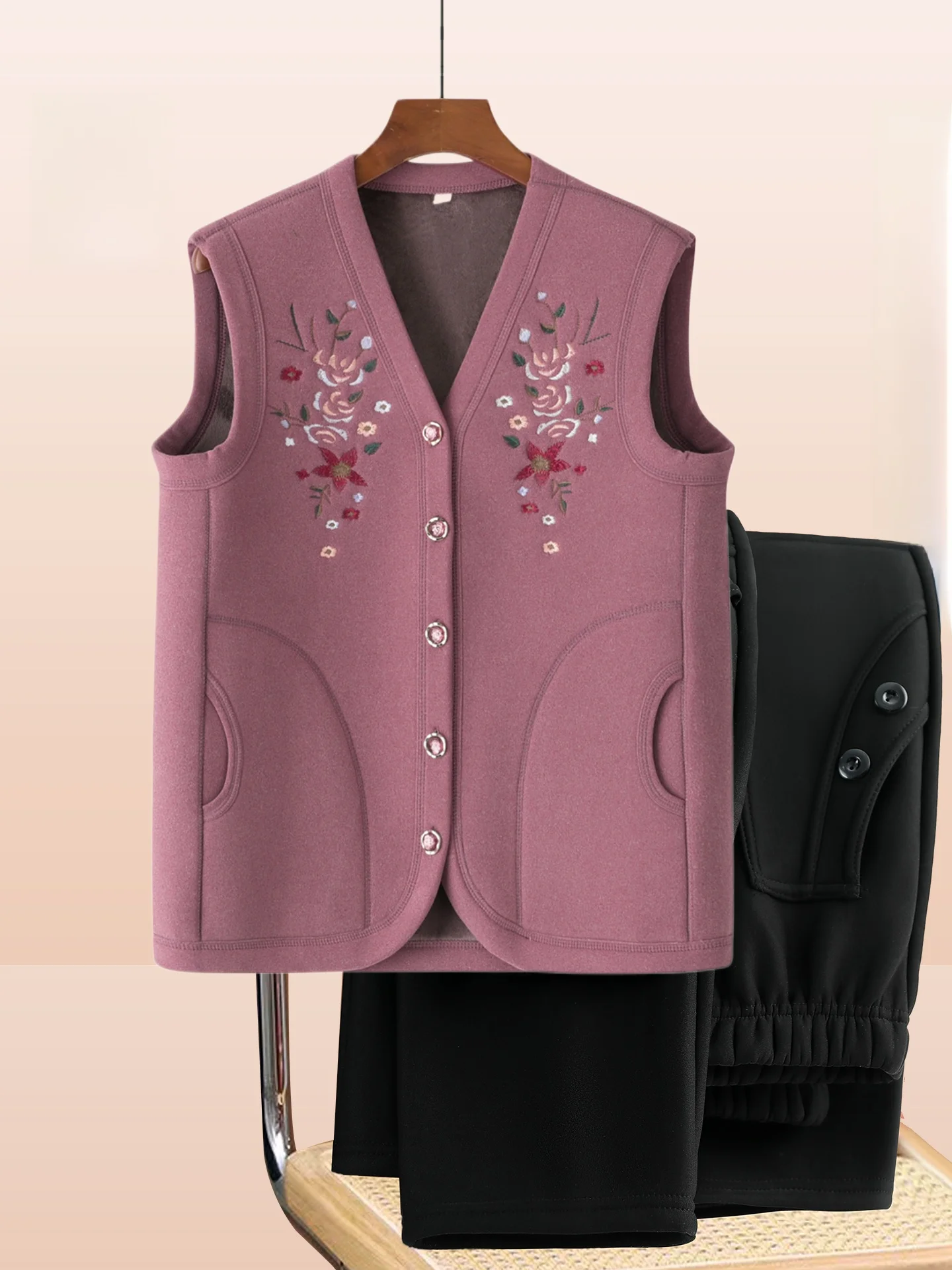 

Теплый жилет на флисовой подкладке для женщин среднего и старшего возраста, модные длинные брюки, вязаный свитер с V-образным вырезом и застежкой на одну пуговицу, куртка