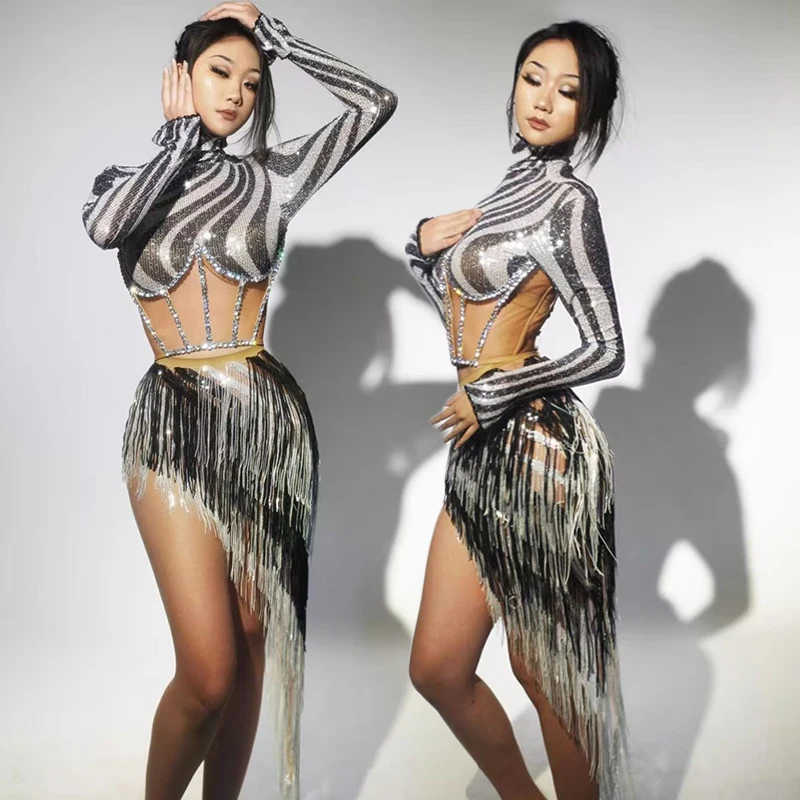 

New Birthday Party Outfit Long Sleeve Fringe Dress Black White Stripe Performance Outfit Prom Dance Show Stage Costume VDL3798