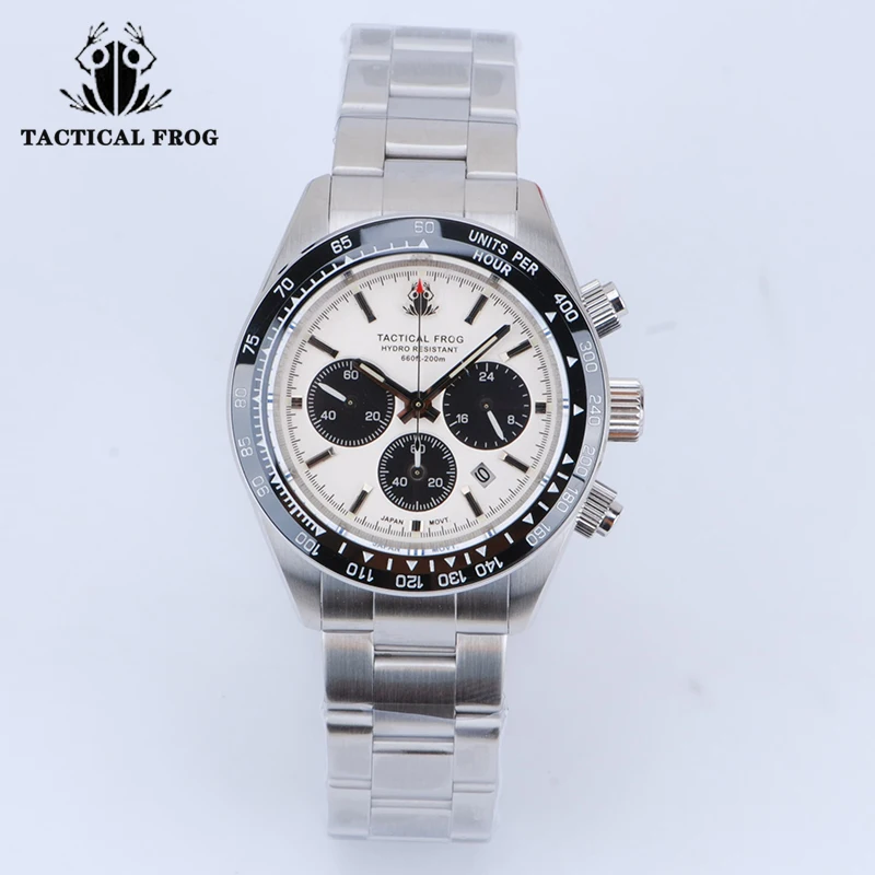 Tactical Frog VS75A Solar Quartz Watch For Men 41mm Panda Chronograph Sapphire 200 Meters Water Resistant C3 Luminous Stainless