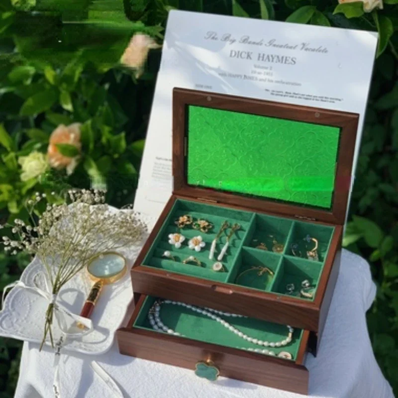 

Retro Creative Solid Wood Jewelry Box Partition Storage for Necklace Watch Dust-proof Green Beauty Holder