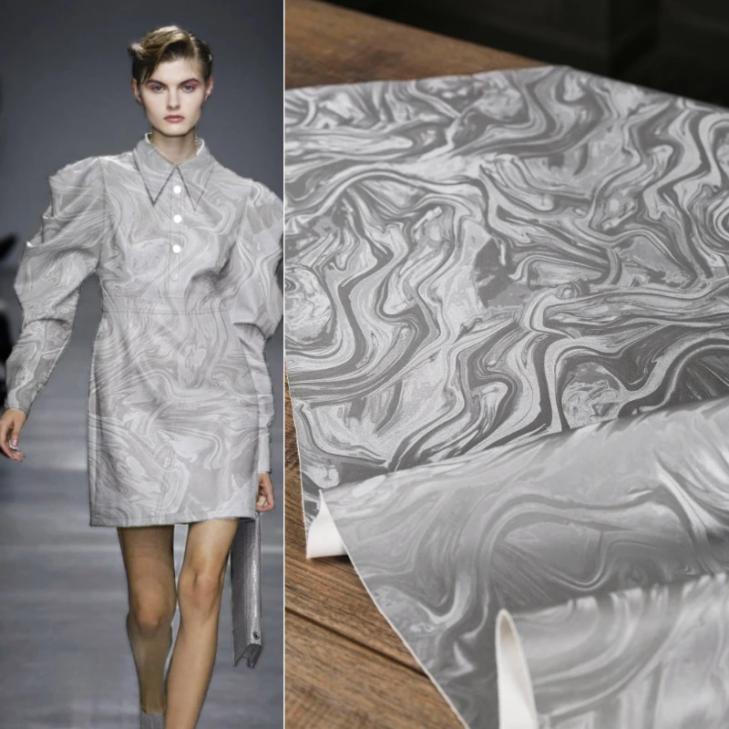 Tech Inspired Silver Grey Fluid Texture Reconstructed PU Leather Fabric for Fashion Designers Clothing High Quality DIY Material