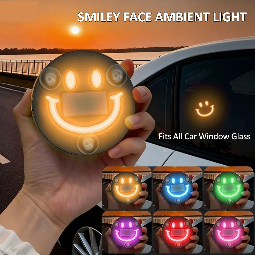 Solar Powered Car Smile Wireless Ambient Neon LED Light Triangle Window Accessories Suction Cup Color-Change Type-C Rechargeable