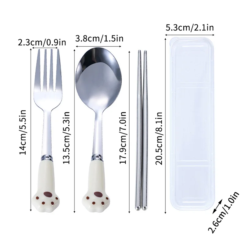 Juego de vajilla de acero inoxidable con garra de gato, cubiertos portátiles, tenedor, cuchara, palillos, traje de tres piezas con caja, cubiertos de viaje, regalo