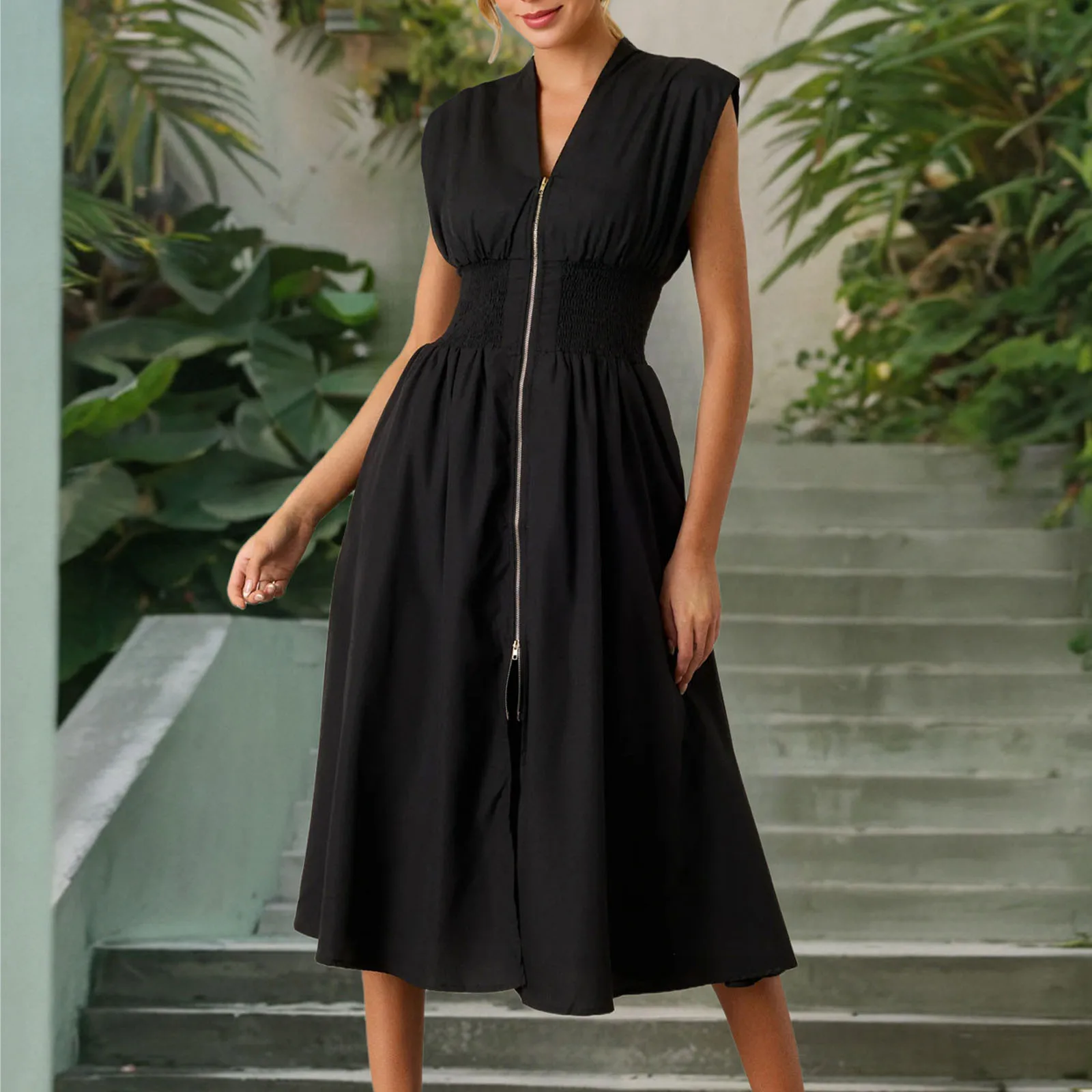 

Women Front Zipper Dress Summer Sleeveless Pleated Dress With Pockets Slim A Line Big Hem Female Dress Y2k Holiday Vestidos
