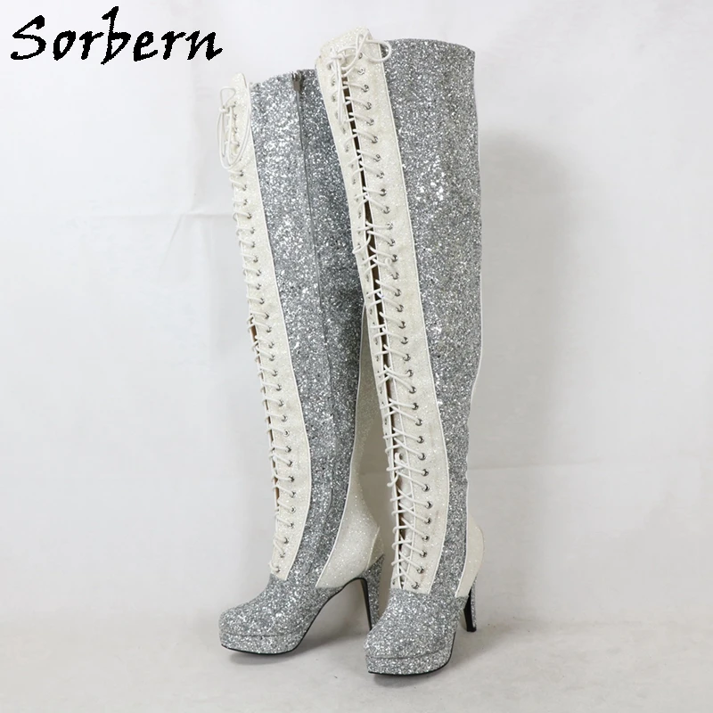 Sorbern Silver Glitter Kinky Boots Women Custom Wide Slim Leg Fit High Heels Platform Size Up To EU48 Unisex Dance Boots