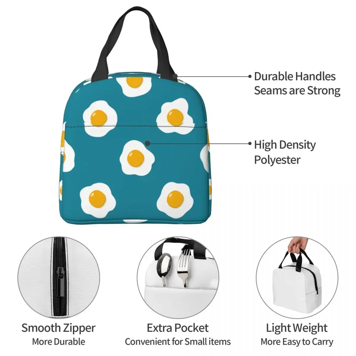 Lunch Bags for Women Kids Poached Egg Insulated Cooler Bags Portable Picnic Cute Canvas Tote Bento Pouch