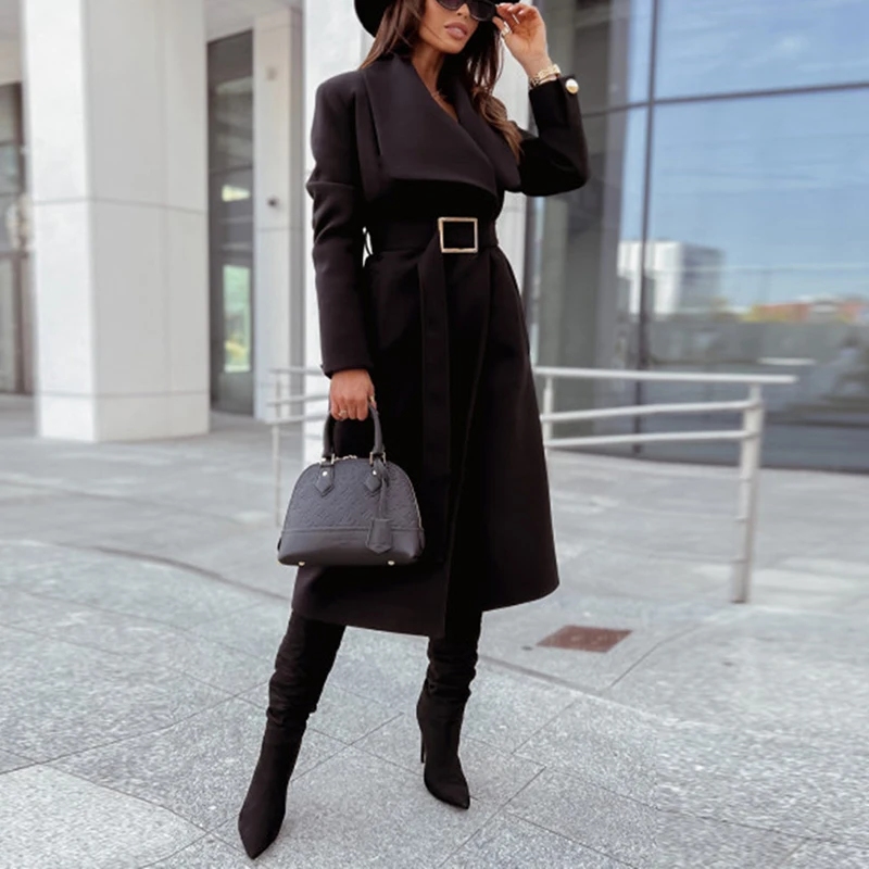 Casual Women Turn-down Collar Woolen Coats Autumn Winter Simple Long Sleeves Outwear Elegant  Buttons Belt Slim Solid Outwear