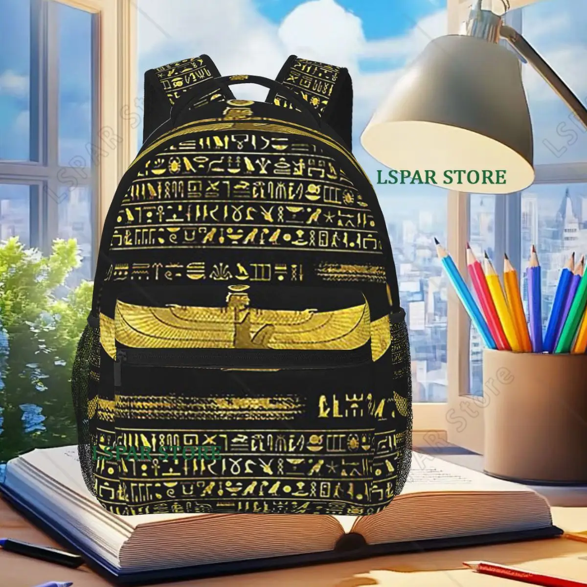 

Golden Egyptian God Ornament On Black Leather Backpack Student BookBag Kids School Bag Laptop Shoulder Bags for Men Women