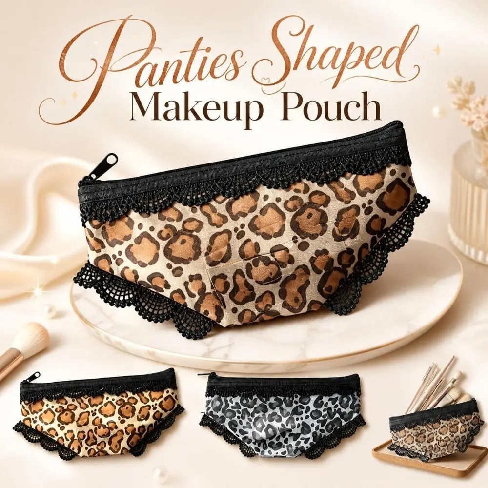 Leopard Print Panties Shaped Makeup Pouch Zippered Portable Mesh Cosmetic Bag Lace Trimmed Lightweight Storage Pouch Travel