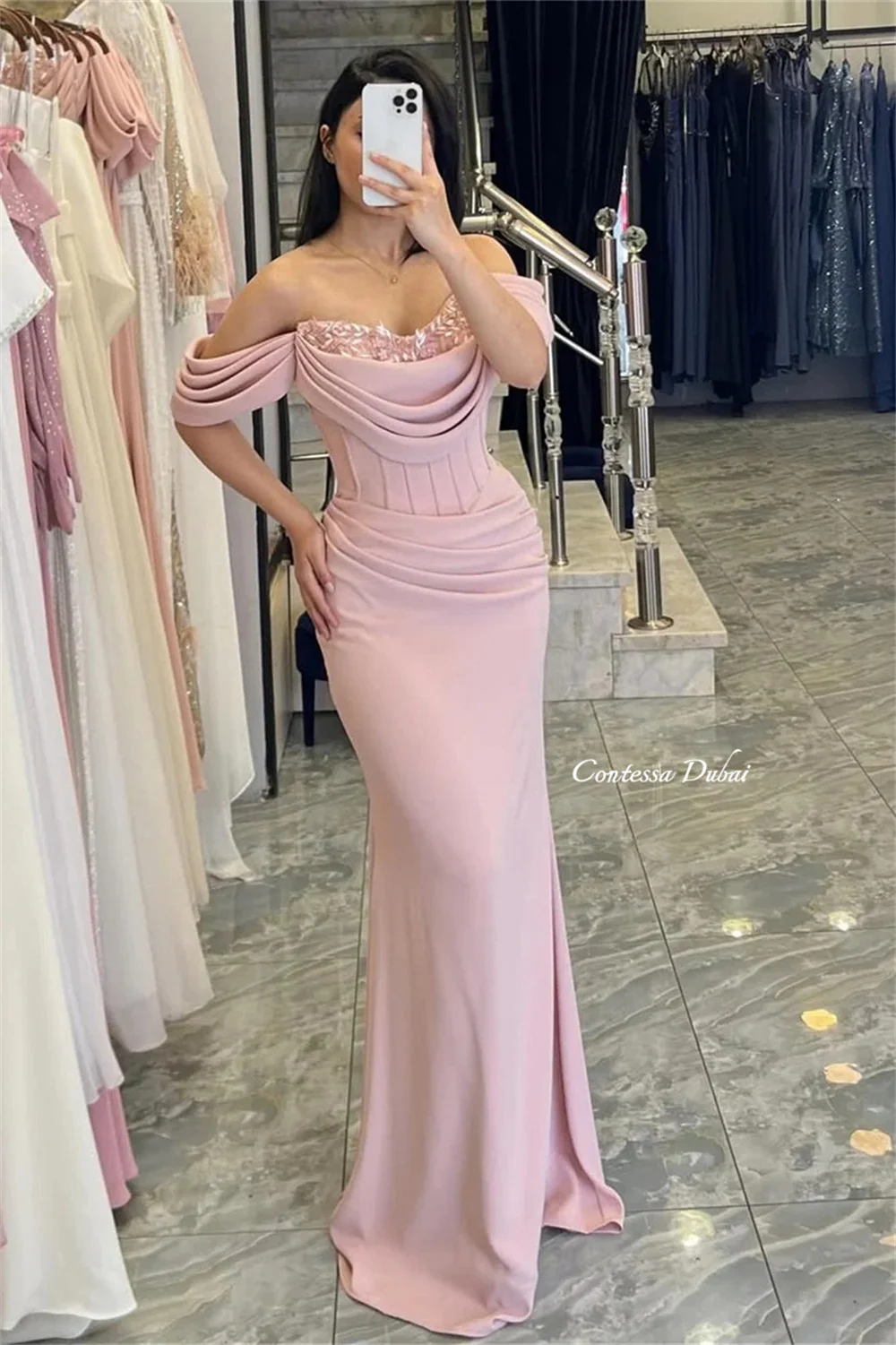 

Contessa Customized Pink Embroidery Neckline Prom Dress Off Shoulder Sleeveless robes de soirée Mermaid Formal events dresses