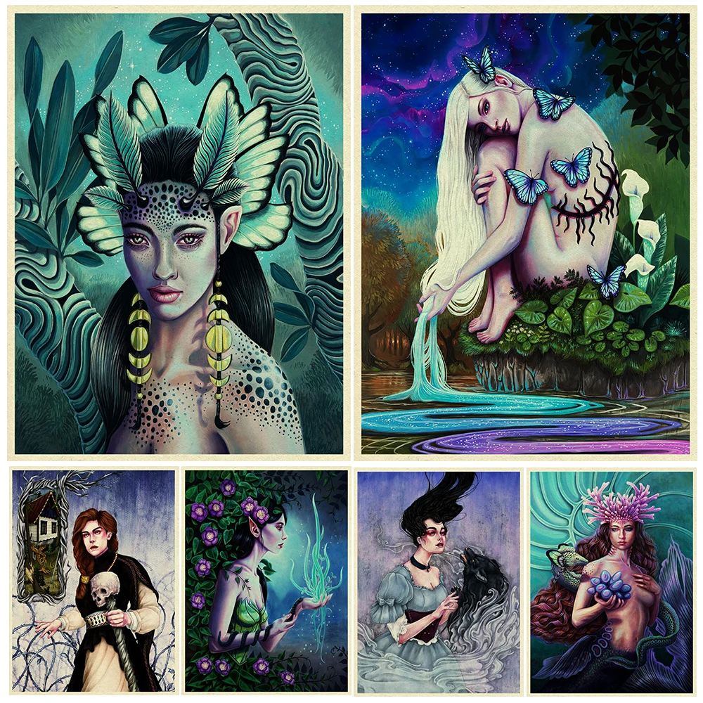 

Beautiful Dark Magic Witch&Fairy Girl Art Poster And Print Mysterious Gothic Pagan Witchcraft Lady Canvas Wall Art Decoration