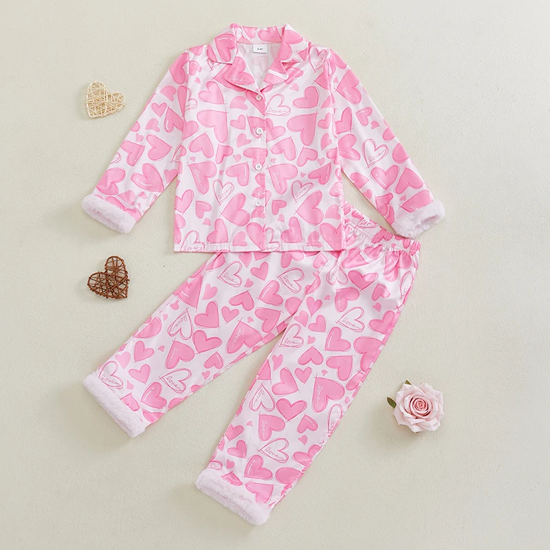 Tregren 3-7Y Little Girls Valentine's Day Pajamas Set Heart Print Long Sleeve Lapel Button Down Tops with Pants Kids Sleepwear