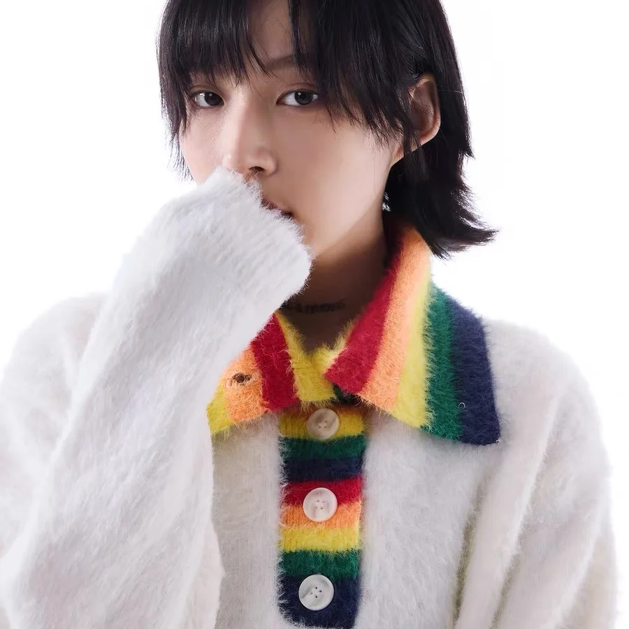 

Sameuoo Rainbow High Collar Knitted Sweater Women's Faux Fur White Knitwear Couple's Loose Fit Winter Warm Faionable