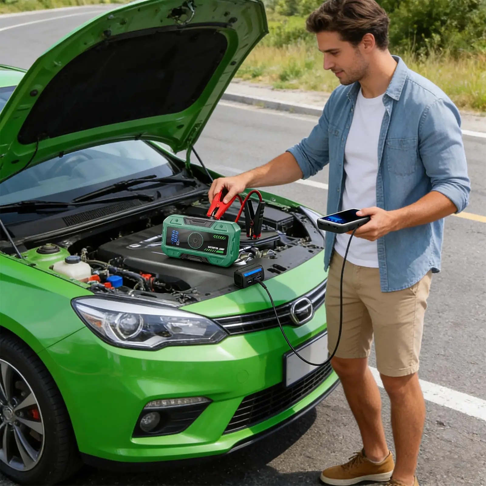 Jump Box 2 In 1 With Light Digital Display Weatherproof Tire Inflator Car Jump Pack For Vehicle Automotive Bike Tire Ball Travel