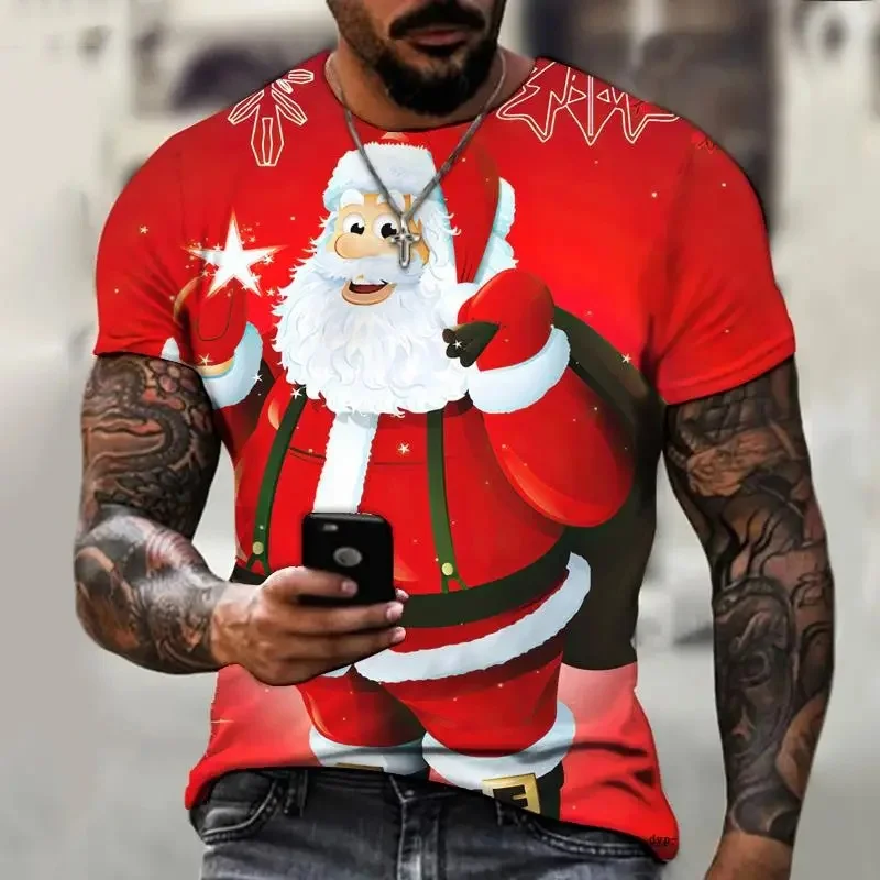 Men's T-shirt X'mas New Models 3D Santa Claus Snowman Printed Pullover Street Fashion Dazzling Cool  Crew Neck Short Sleeve Tops