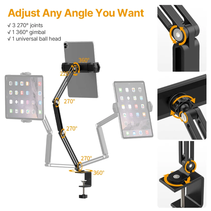 Imagem -04 - Vijim Hp001 Suporte de Mesa para Ipad e Telefone Suporte de Montagem Desktop Suporte ao Vivo C-braçadeira Flexível Braço Longo 360 ° Rotatable