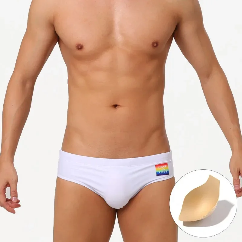 Sexy troncos de natação masculino gradiente carta impressão apertado encaixe respirável briefs bikini esportes secagem rápida surf praia shorts