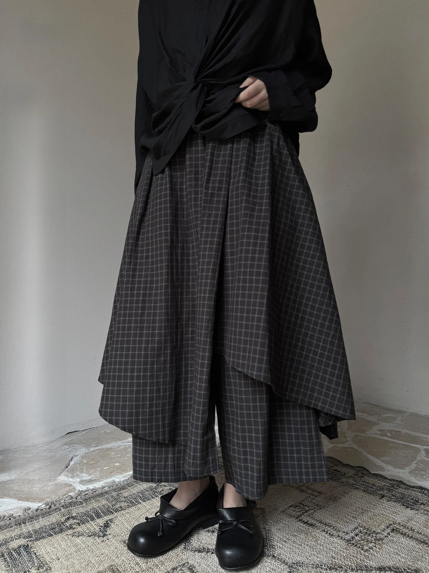 Casual Plaid Skirt Pants Asymmetrical Design Fake Two-Piece Miniature Personality Land And Mountain Style Cotton Wide Leg Pants